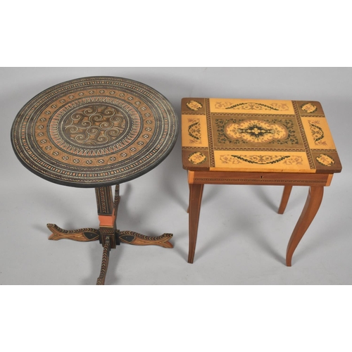 555 - A Decorated Circular Topped Table, 39cm Diameter and an Inlaid Sewing Box with Contents