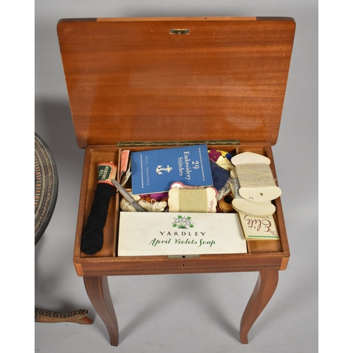 555 - A Decorated Circular Topped Table, 39cm Diameter and an Inlaid Sewing Box with Contents