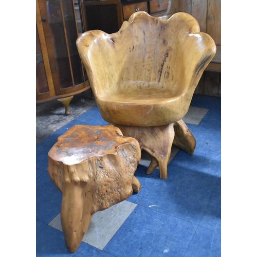 570 - A Hand Carved Rustic Swivel Chair and Low Table Formed from Tree Trunks