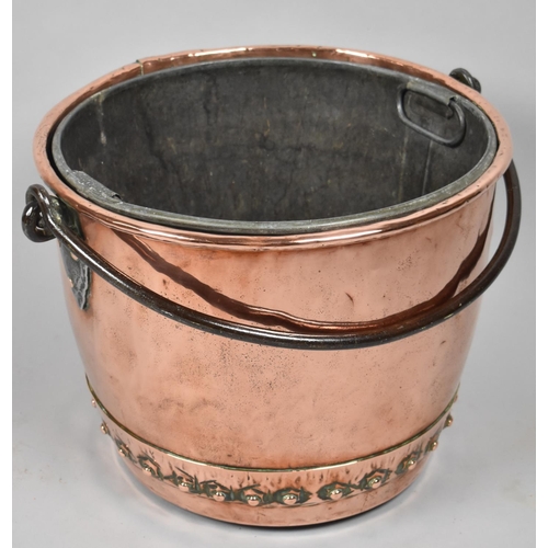 100 - A Late 19th Century Circular Copper Coal Bucket with Inner Metal Liner and Iron Loop Handle, Studded... 