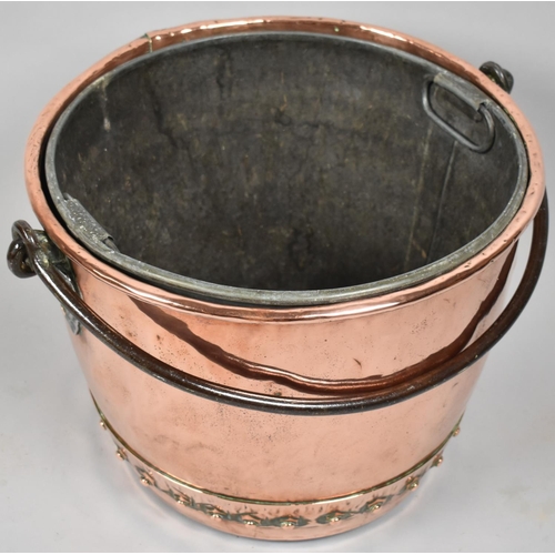 100 - A Late 19th Century Circular Copper Coal Bucket with Inner Metal Liner and Iron Loop Handle, Studded... 