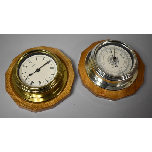 101 - A Modern Metamec Brass Ships Clock Mounted Wooden Plinth Together with an Aneroid Barometer Example