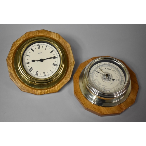 101 - A Modern Metamec Brass Ships Clock Mounted Wooden Plinth Together with an Aneroid Barometer Example