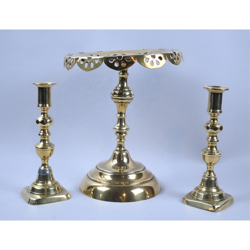 116 - A Pair of Polished Brass Victorian Candlesticks, One AF Together with a Victorian Pierced Circular T... 