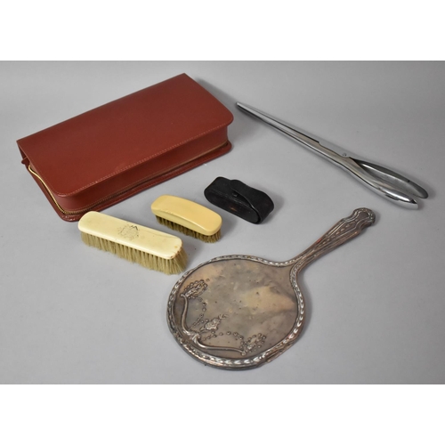 239 - A Vintage Leather Cased Travelling Set, Glove Stretcher, Brushes and Dressing Table Mirror Frame, Po... 