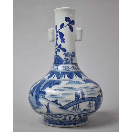 255 - A Chinese Blue and White Vase of Arrow Archaic Form Decorated with Exterior Scene, the base with Six... 