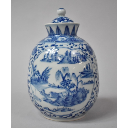 256 - A Chinese Blue and White Lidded Vase with Cartouche Exterior Scene Decoration Depicting Village Scen... 