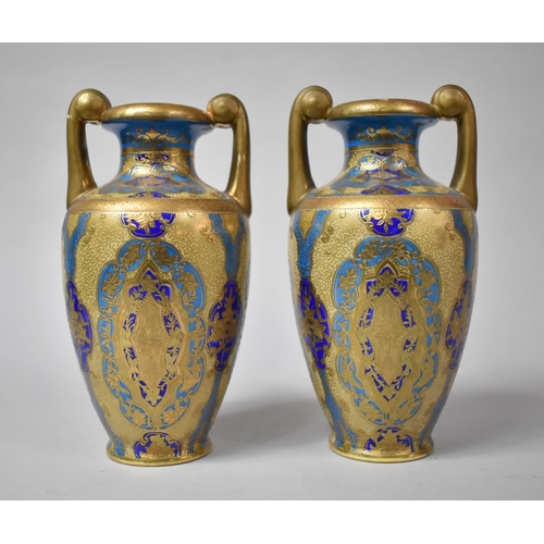 266 - A Pair of Noritake Gilt and Blue Two Handled Vases, 20cm high