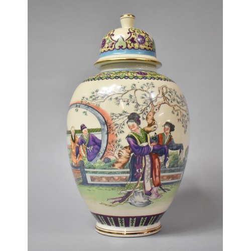 270 - A Mid 20th Century Lidded Vase Decorated with Figures in Garden, Printed Mark to Base, 36cm high