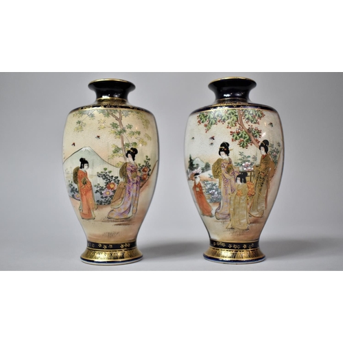 273 - A Pair of Japanese Cobalt Blue and Gilt Satsuma Vases Decorated with Maidens in Garden. 15.5cm High ... 