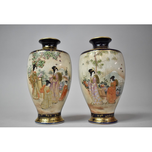 273 - A Pair of Japanese Cobalt Blue and Gilt Satsuma Vases Decorated with Maidens in Garden. 15.5cm High ... 