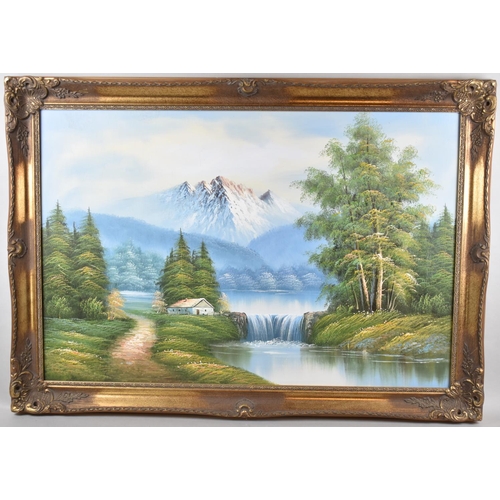 278 - A Large Gilt Framed Modern Oil on Canvas, Alpine Lake and Chalet, 90x60cm