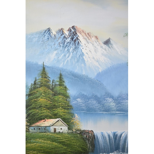 278 - A Large Gilt Framed Modern Oil on Canvas, Alpine Lake and Chalet, 90x60cm