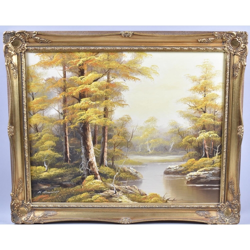 279 - A Gilt Framed Oil on Canvas Depicting Woodland Pond, Signed K Schmidt, 50x40cm