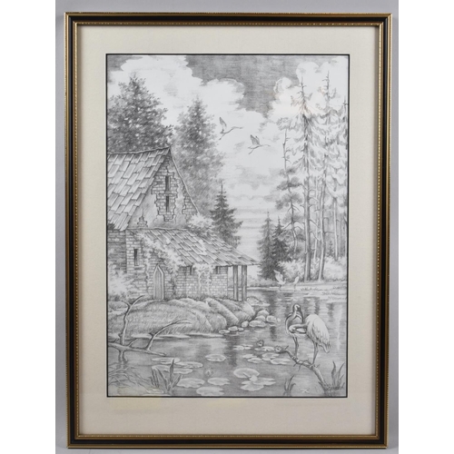 282 - A Framed Print Depicting Lakeside House with Birds, 28x40cm