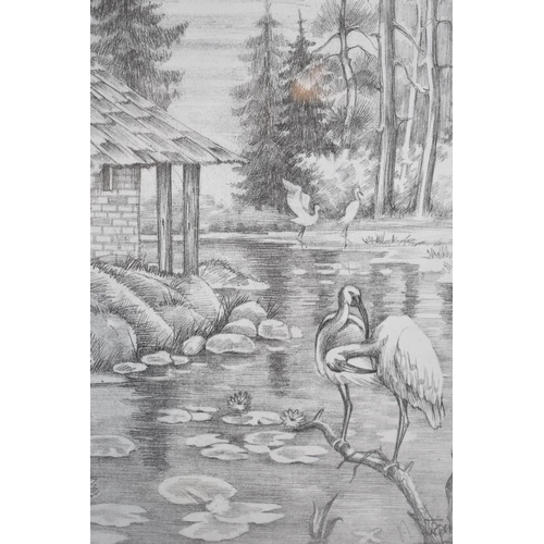 282 - A Framed Print Depicting Lakeside House with Birds, 28x40cm