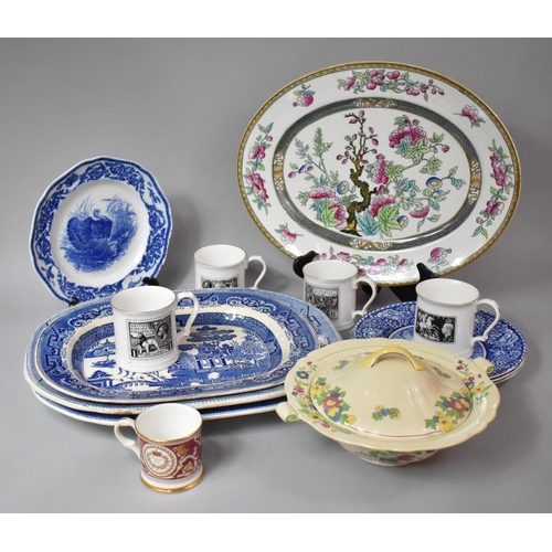 285 - A Collection of Four Various Meat Plates to include Three Blue and White Willow Pattern Examples and... 