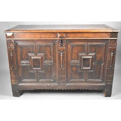 574 - A Large 19th Century Carved Oak Mule Chest with Geometric Decorated Panels to Front, Some Losses