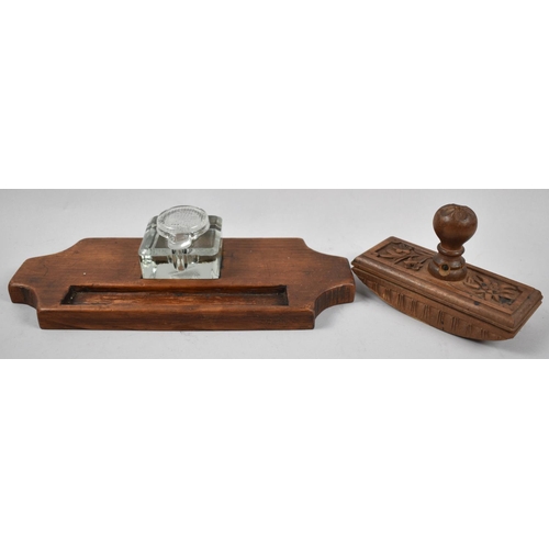 68 - A Mid 20th Century Carved Wooden Desktop Blotter Together with a Wooden Pen Rest Inkstand with Glass... 