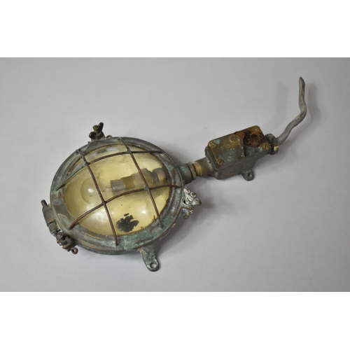 74 - A Vintage Brass Cased Circular Nautical Bulkhead Cage Light Fitting, with Base On/Off Switch, 12cm D... 