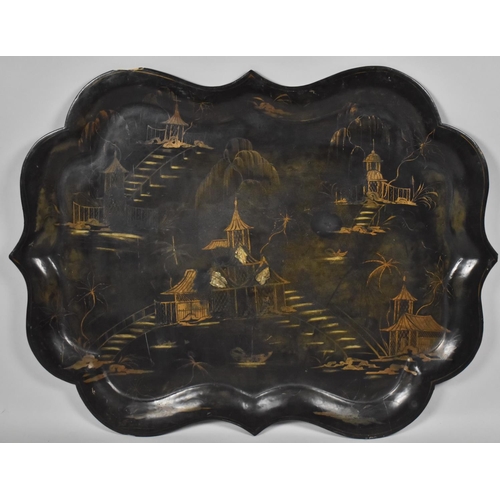 83 - A Large Victorian Papier Mache Tray with Gilded and Mother of Pearl Inlaid Decoration on a Chinoiser... 