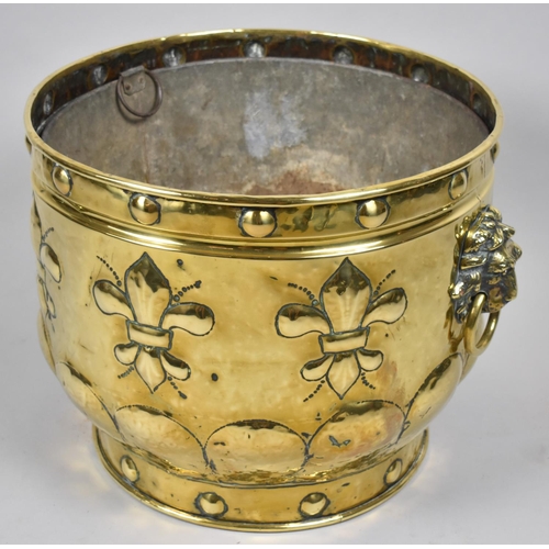 92 - A Large Late Victorian Cylinidal Brass Coal Bucket with Lion Mask Ring Handles and Fleur De Lys Deco... 