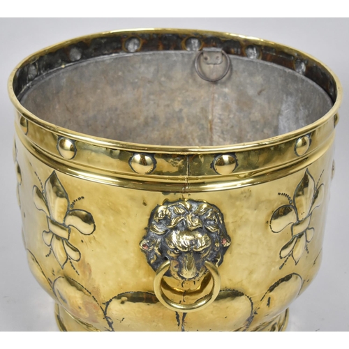 92 - A Large Late Victorian Cylinidal Brass Coal Bucket with Lion Mask Ring Handles and Fleur De Lys Deco... 