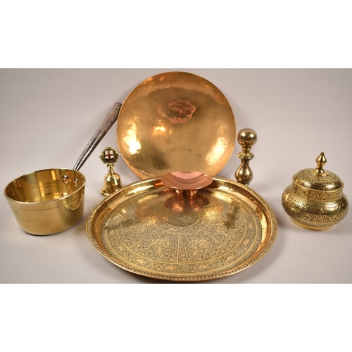 98 - A Collection of Polished Brass Wares to Include Indian Circular Tray, Brass Saucepan, Copper Pin Dis... 