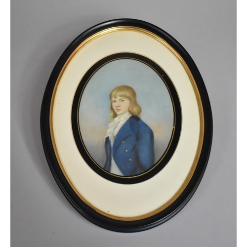 102 - A 19th Century Hand Painted Oval Portrait of a Young Boy in a Blue Coat, Ebonised and Gilt Frame, Fr... 