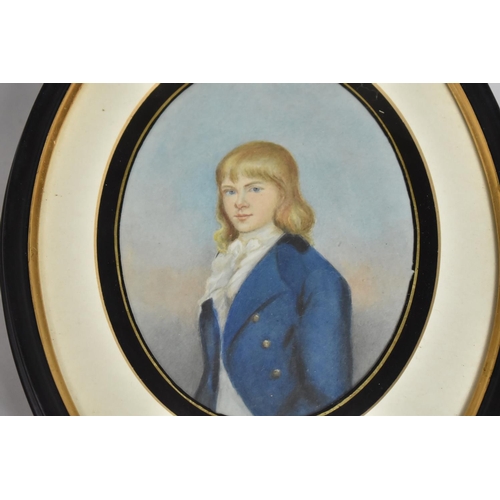 102 - A 19th Century Hand Painted Oval Portrait of a Young Boy in a Blue Coat, Ebonised and Gilt Frame, Fr... 