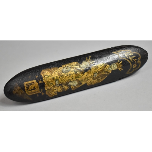 108 - A 19th Century Papier-Mache Spectacle Case with Chinoiserie Decoration Depicting Figures, 16.5cms Lo... 