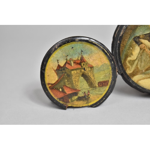 109 - A 19th Century Papier-Mache Circular Snuff Pot, the Lid Decorated with Figural Scene of Elderly Lady... 