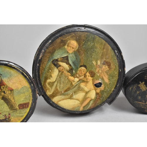 109 - A 19th Century Papier-Mache Circular Snuff Pot, the Lid Decorated with Figural Scene of Elderly Lady... 