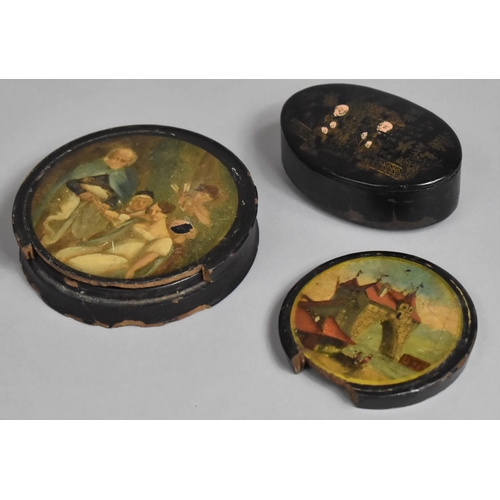 109 - A 19th Century Papier-Mache Circular Snuff Pot, the Lid Decorated with Figural Scene of Elderly Lady... 