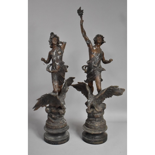 121 - A Pair of French Spelter Figures La Nuit and Le Jour, Both with Condition Issues, Tallest 70cms