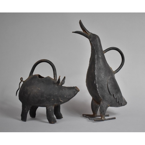 128 - Two Novelty Metal Jugs, One in the Form of a Duck, The Other a Pig, Duck 34cms High