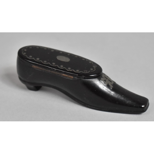 2 - A 19th Century Papier-Mache and White Metal Inlaid Novelty Snuff Box in the Form of a Shoe, 9cms Lon... 