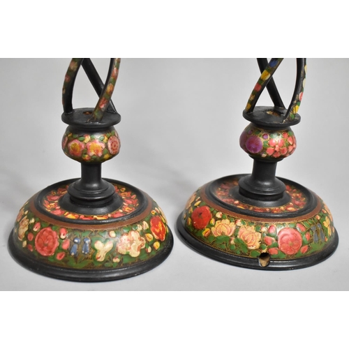 23 - A Pair of 20th Century Kashmiri Candle Stands/Lamp Bases on Black Ground with Polychrome Floral Deco... 