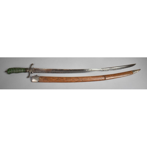 62 - A 19th Century Curved Bladed Sword with Wired and Green Stained Ivory Handle, Leather and White Meta... 