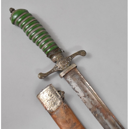 62 - A 19th Century Curved Bladed Sword with Wired and Green Stained Ivory Handle, Leather and White Meta... 