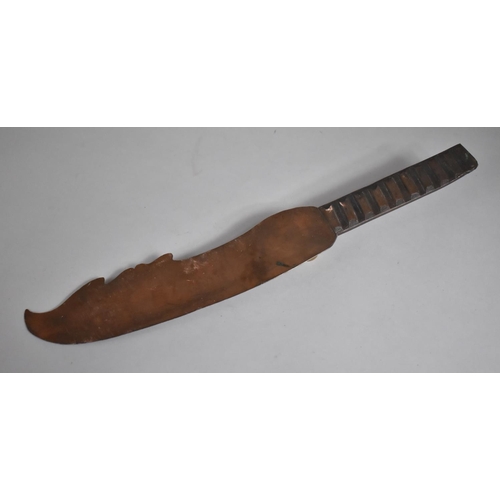 64 - A Copper Hand Crafted Knife/Machete with Stylised Rectangular Grip and Shaped Blade, 20x40cms