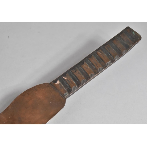 64 - A Copper Hand Crafted Knife/Machete with Stylised Rectangular Grip and Shaped Blade, 20x40cms