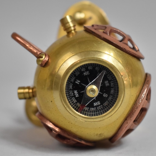 65 - A Novelty Brass and Copper Desk Top Compass in the Form of a Divers Helmet, 8.5cms High