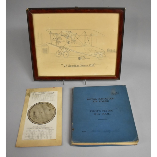 71 - A Royal Navy and Air Force Pilot Flying Log Book together with a Framed Pencil Drawing of Biplane Ti... 