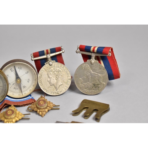 72 - A Collection of Various Militaria to include 1939-1945 George VI Medal x2, Pips, Compasses Etc