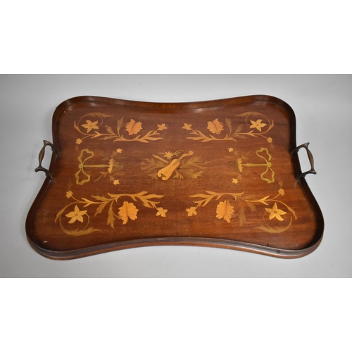 94 - A Pretty Early 20th Century Marquetry Inlaid Wooden Galleried Two Handled Tray with Inlaid Floral an... 