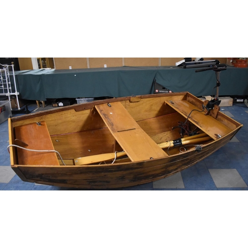 448 - A Vintage Wooden Dinghy with Battery Powered Mercury Thruster 12V F Outboard Engine no. T3500, 240cm... 