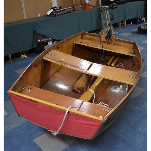 448 - A Vintage Wooden Dinghy with Battery Powered Mercury Thruster 12V F Outboard Engine no. T3500, 240cm... 