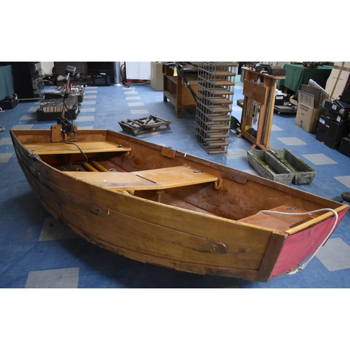 448 - A Vintage Wooden Dinghy with Battery Powered Mercury Thruster 12V F Outboard Engine no. T3500, 240cm... 