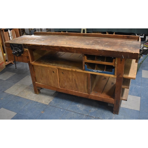 462 - A Vintage Wooden Work Bench with Record Vice and Fitted Base Section, 185cm wide